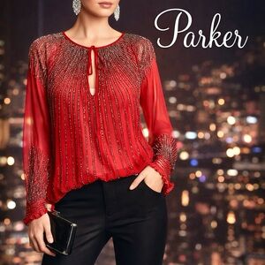 PARKER Red Hand Beaded Boho Dolmas Sleeve Sheer Blouse Size XS,(MSRP:
$308.00)